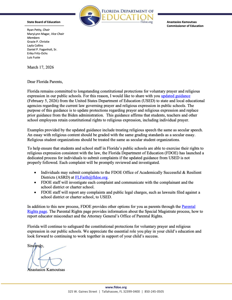 Letter from the Commissioner of Education Regarding School Prayer