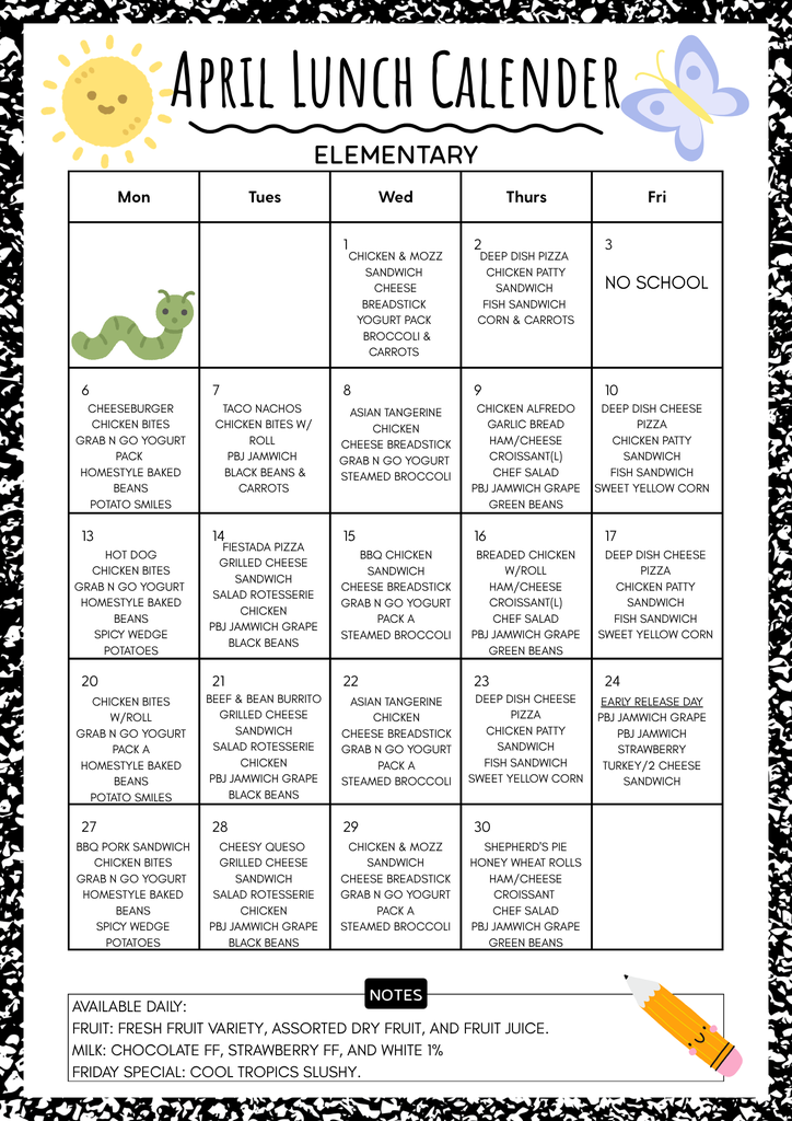 April Lunch Menu Elementary
