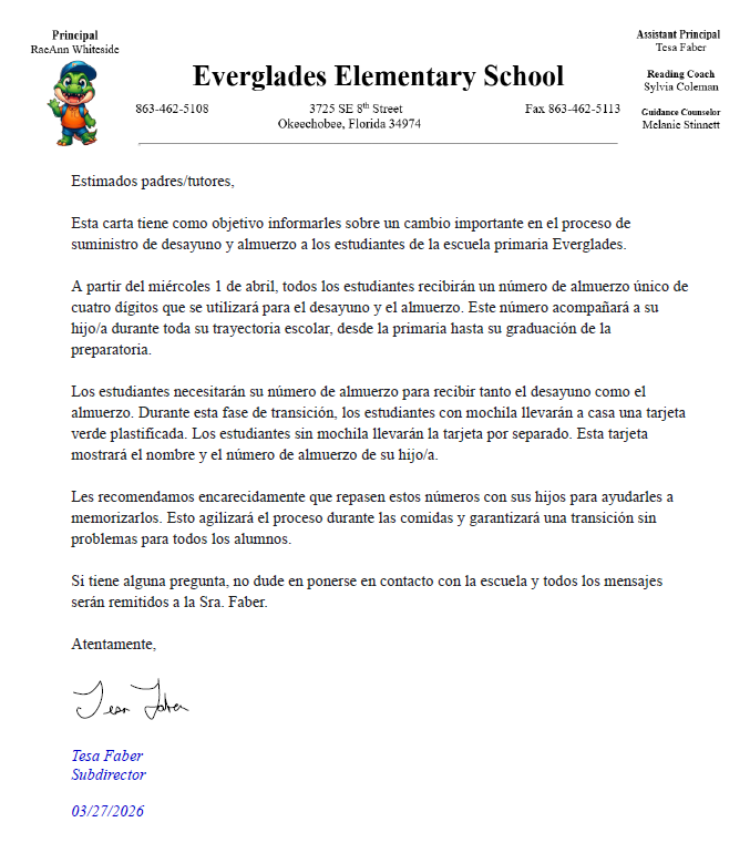 Spanish-Lunch Number Letter