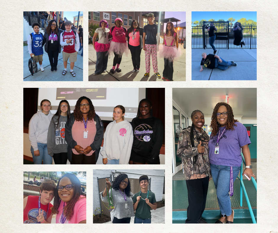 collage of seven pictures of assistant principal with students