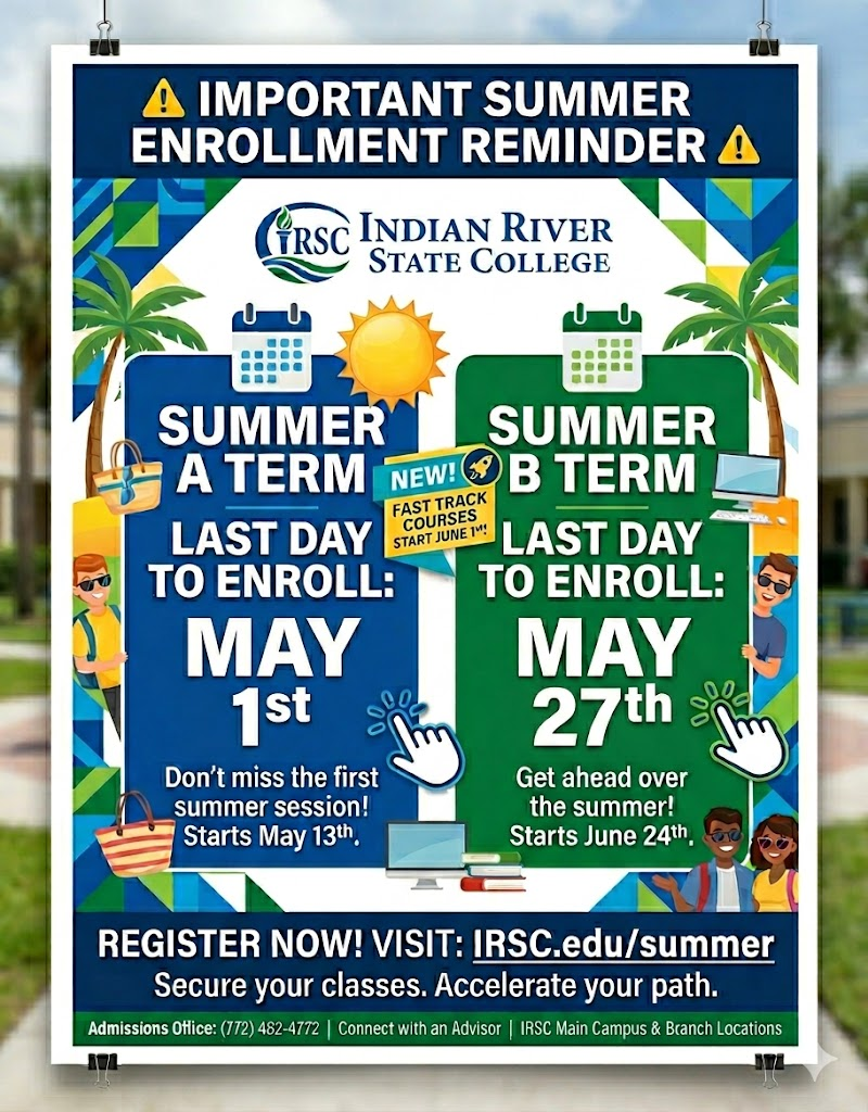 important summer enrollment reminder flyer for irsc