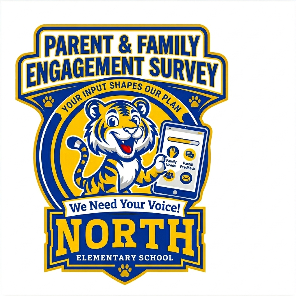 tiger holding cell phone for parent and family engagement survey for north elementary school