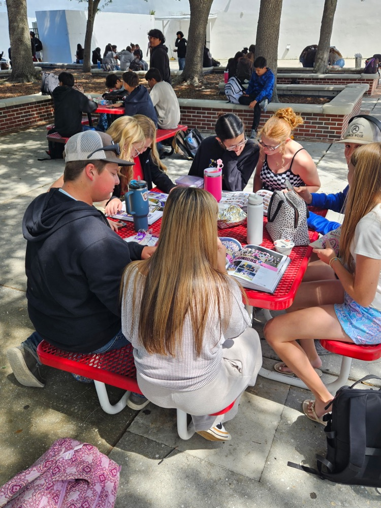 students looking at yearbook S