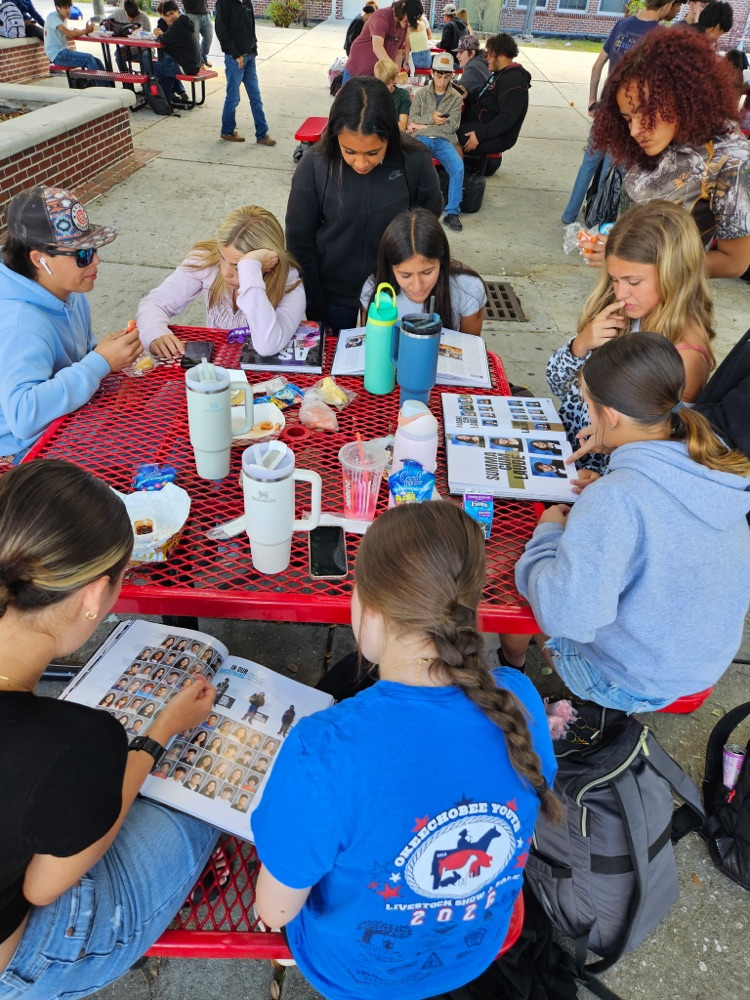 students looking at yearbook S