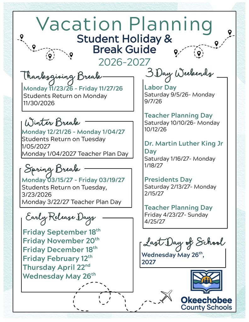Vacation Planning Student Holiday & Break Guide 2026-2027 includes Thanksgiving, Winter, Spring breaks, and holidays.