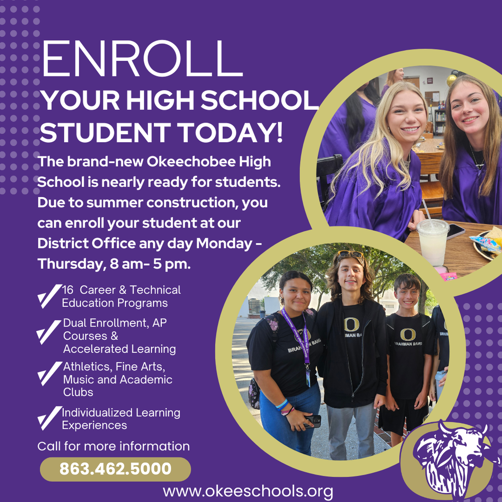Purple poster with "ENROLL YOUR HIGH SCHOOL STUDENT TODAY!" Text and images of students. Contact number and website.