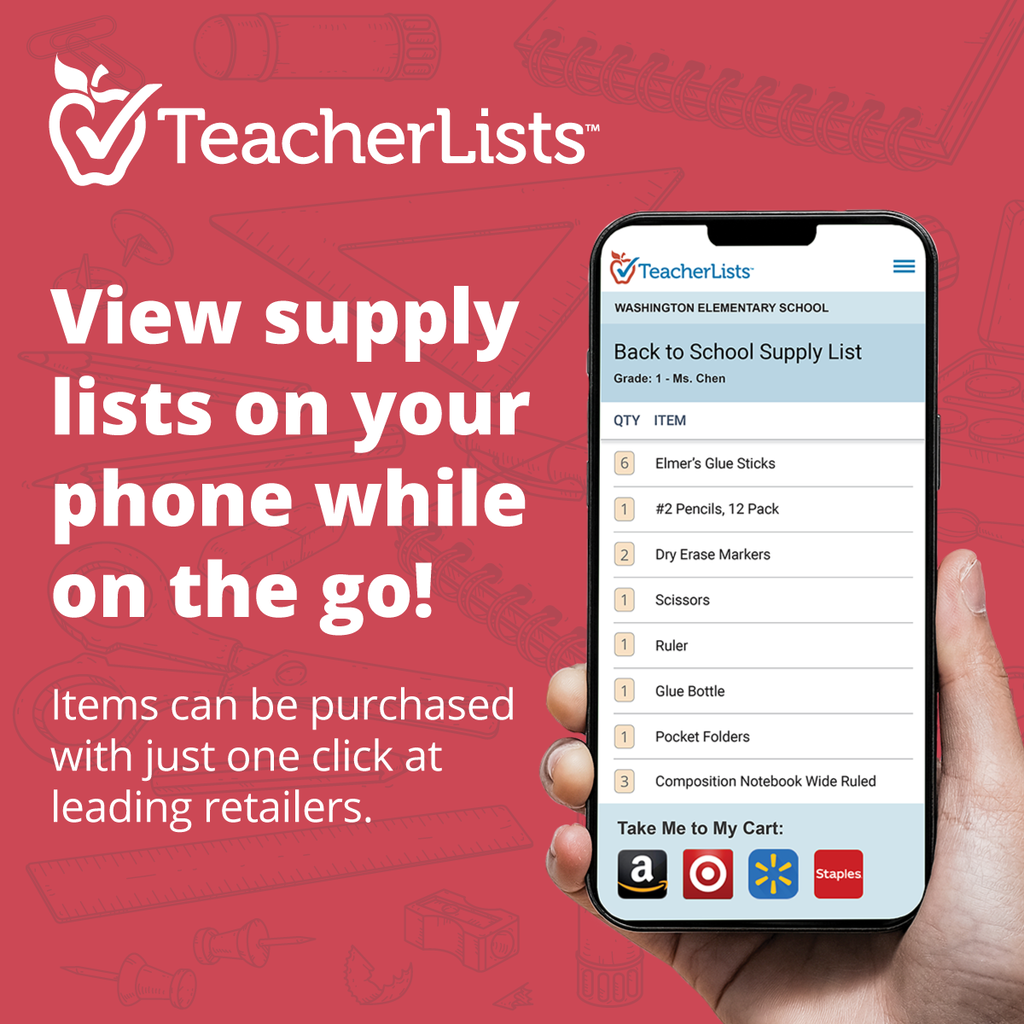 An advertisement for TeacherLists shows a smartphone with a school supply list, offering easy access to items for purchase.