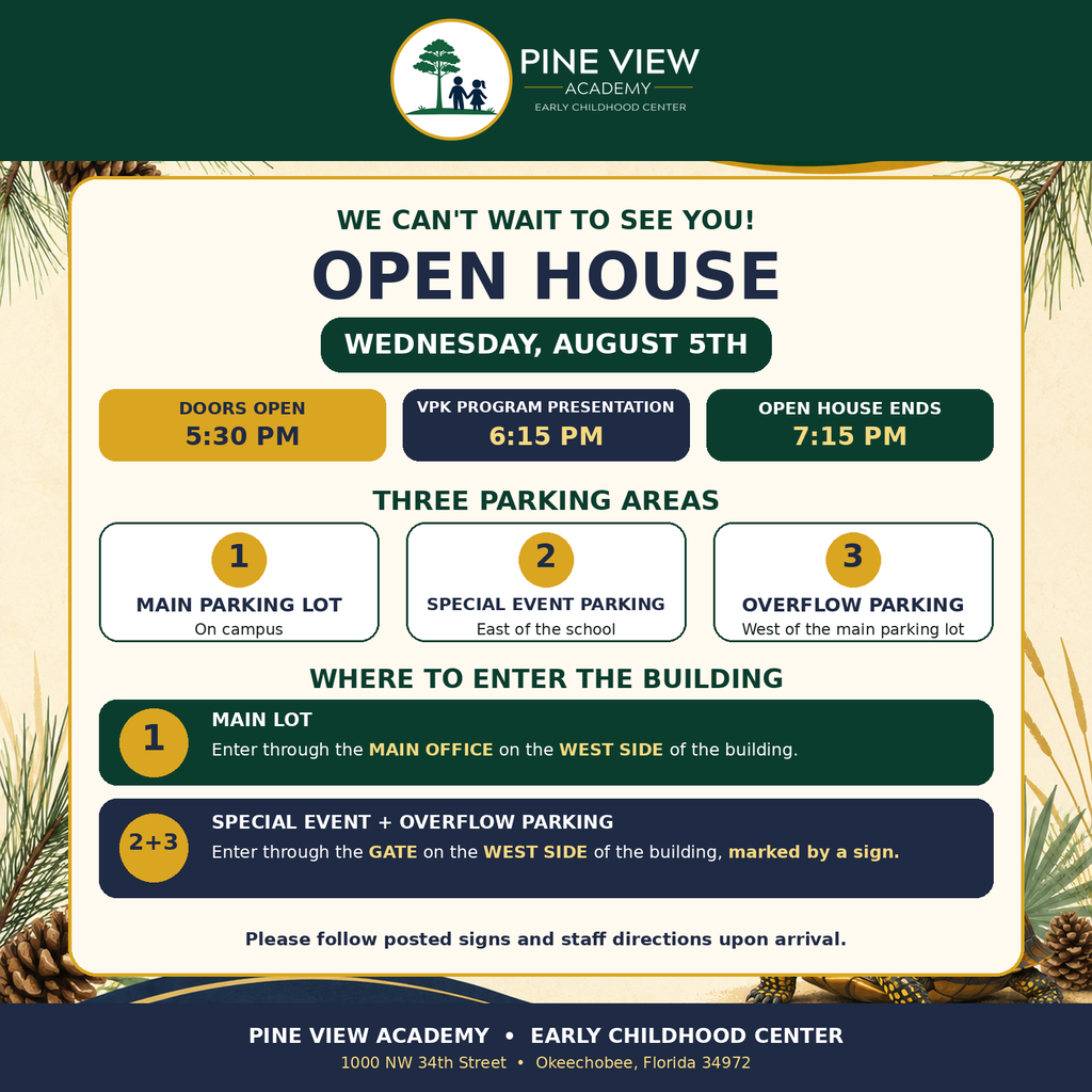 Green background with pine trees. "Pine View Academy" at the top. "We can't wait to see you! Open House" in bold letters. Schedule details and three parking areas listed.