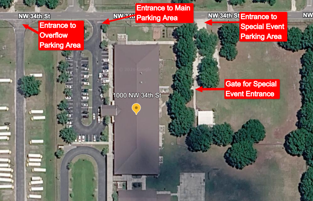 Aerial map of a parking lot showing three entrances: Main, Overflow, and Special Event. Each entrance is labeled with arrows.