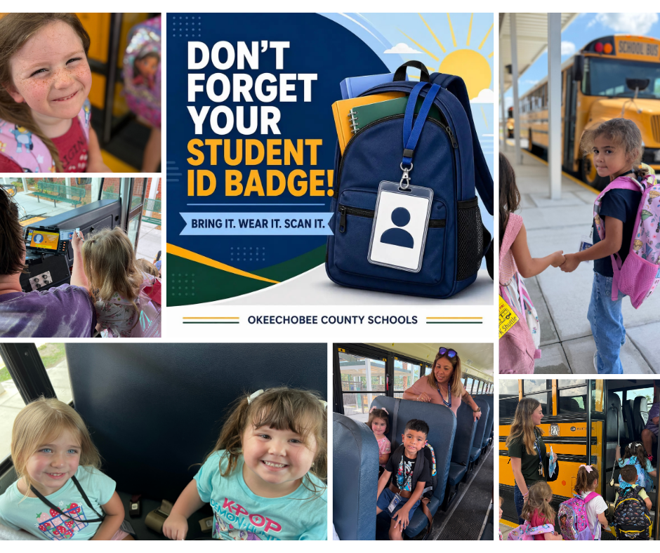 collage of seven pictures related to bus and not forgetting student ID badges