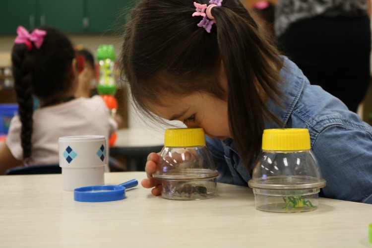 student looking through science toy