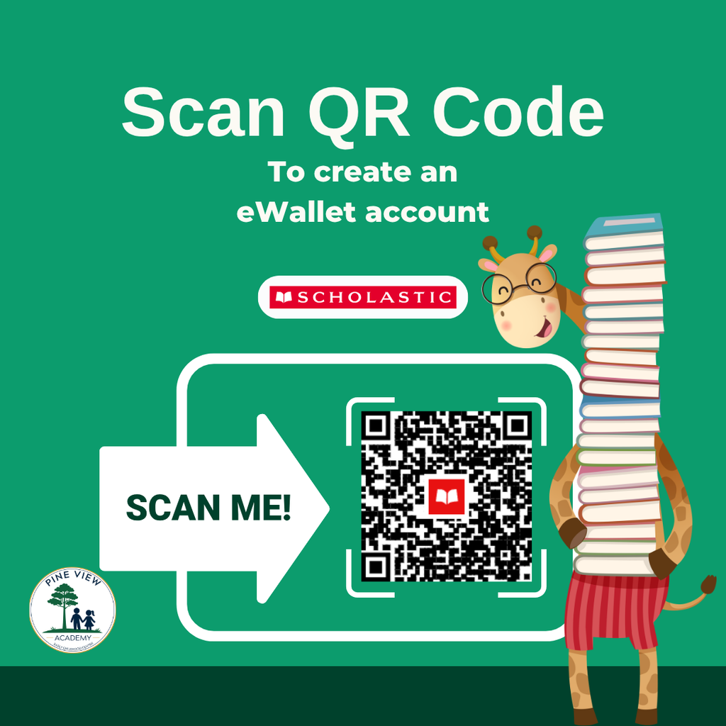 Green background displays a QR code and a giraffe wearing glasses. A stack of books is behind the giraffe.