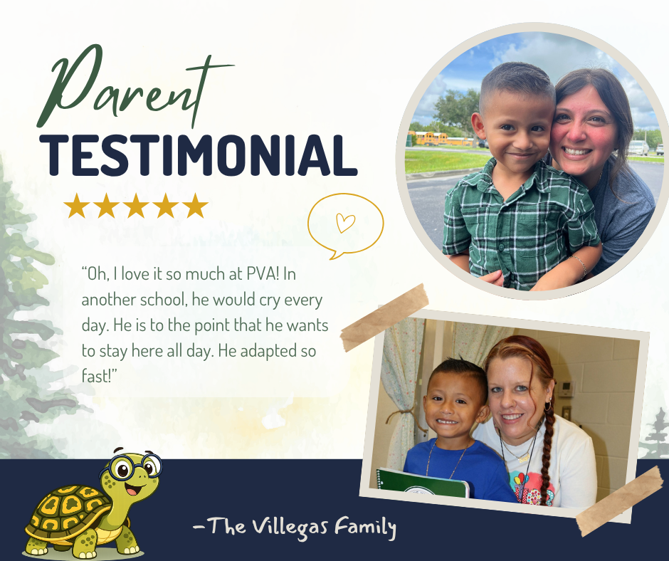 A testimonial features a smiling mother and child, with text about the child's positive experience at a school.