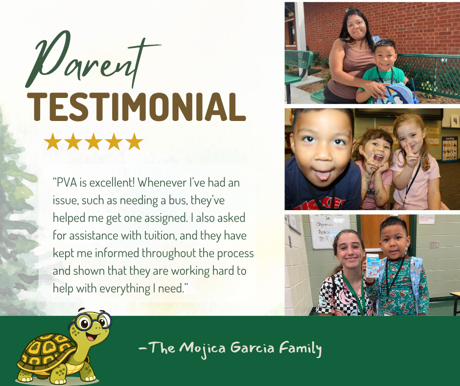 A collage of images shows a family, with one photo of a woman and two children. Text reads "Parent Testimonial" with a five-star rating.