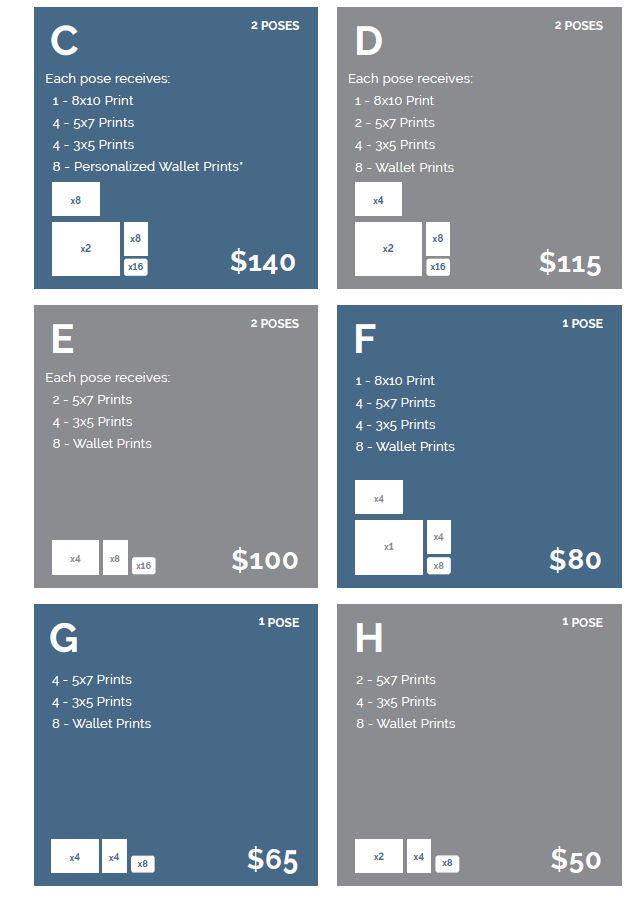 Display showing price comparisons for photo poses. Each pose listed with corresponding print options and total cost.