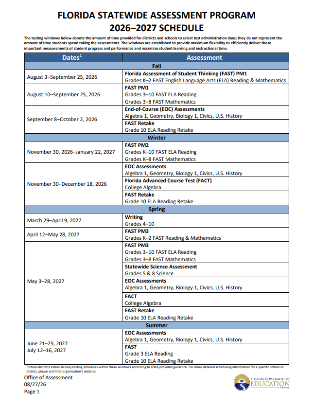 Florida Statewide Testing Calendar
