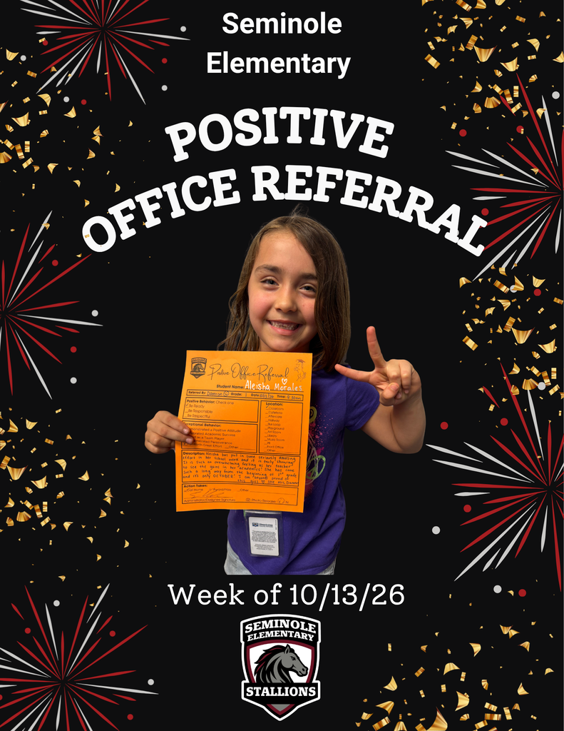 A girl holds an orange paper with "Positive Office Referral" text. She smiles and poses with a peace sign.