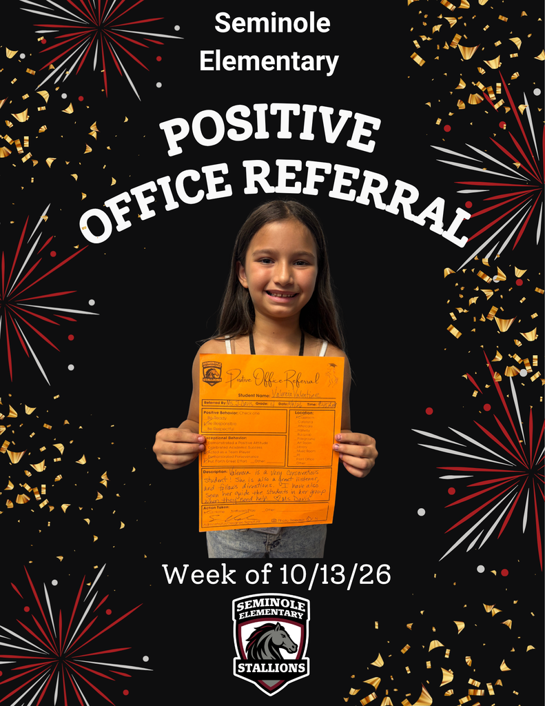 A young girl holds a yellow referral document, smiling. Behind her, a black background with red and gold fireworks. Text reads "Positive Office Referral."