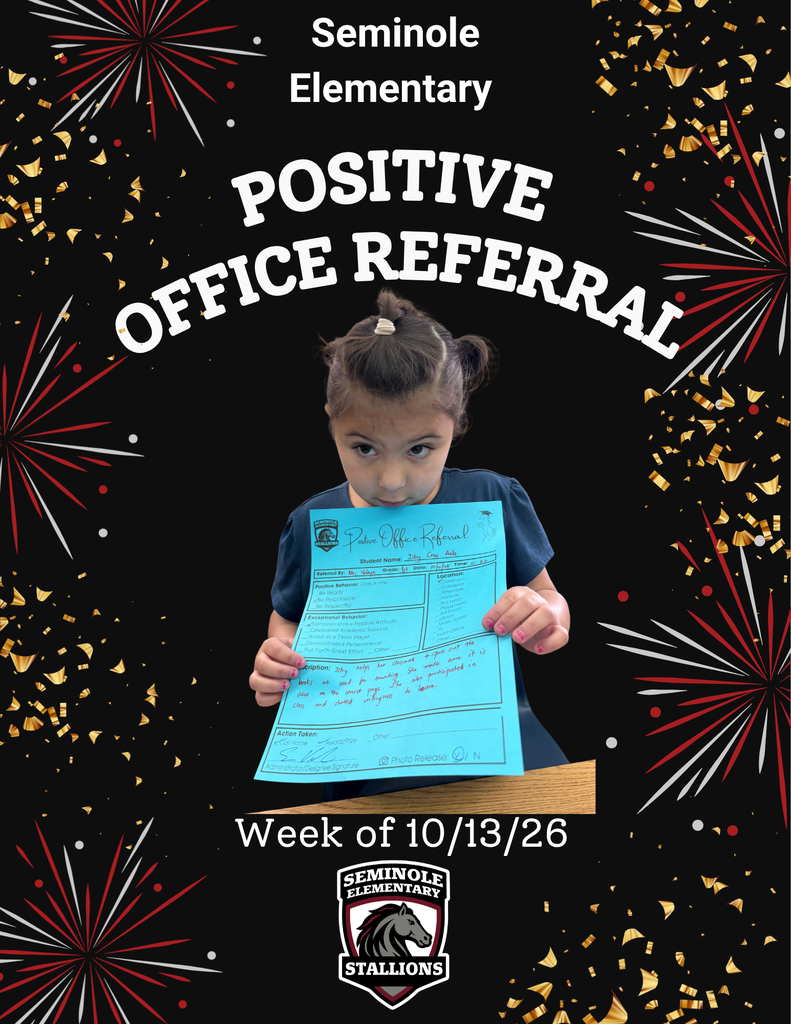 A young child holds a blue paper in front of a dark background with gold fireworks and text reading "Seminole Elementary Positive Office Referral."