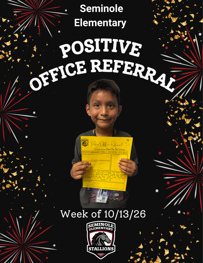 A boy holds a yellow paper in a black background with fireworks and a Seminole Elementary logo.