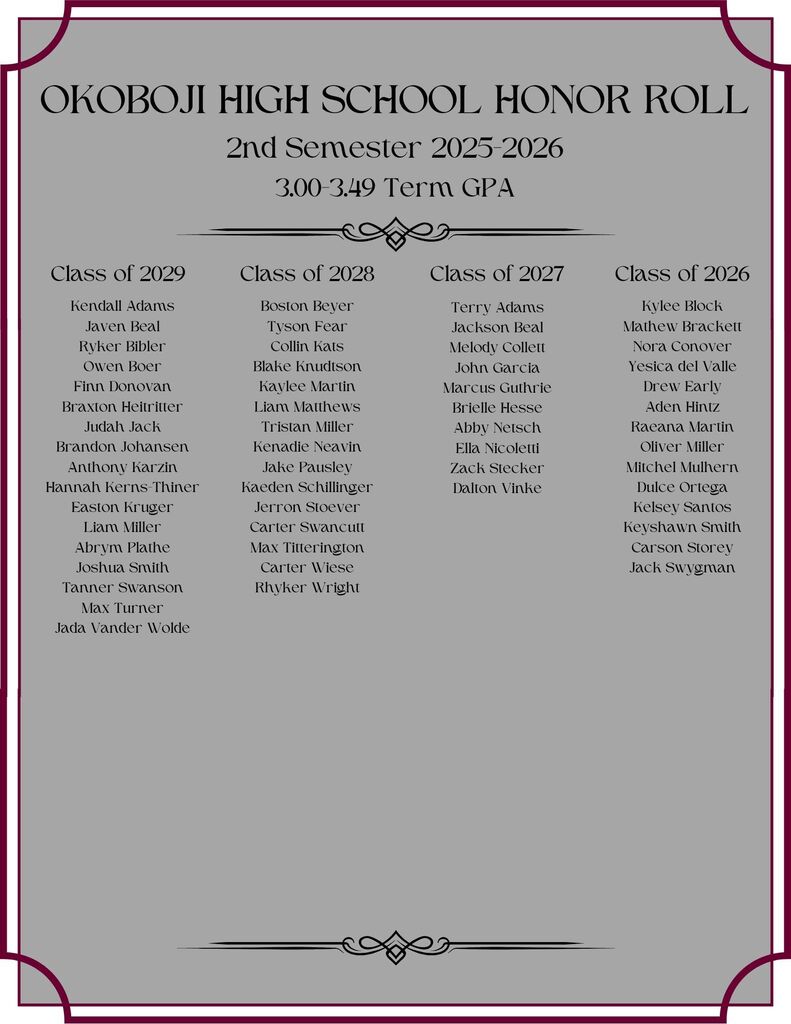 Honor Roll 2526S2 3-3.49