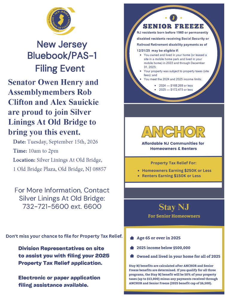 Henry, Clifton, and Sauickie to Host Property Tax Relief Filing Assistance Event at Silver Linings at Old Bridge