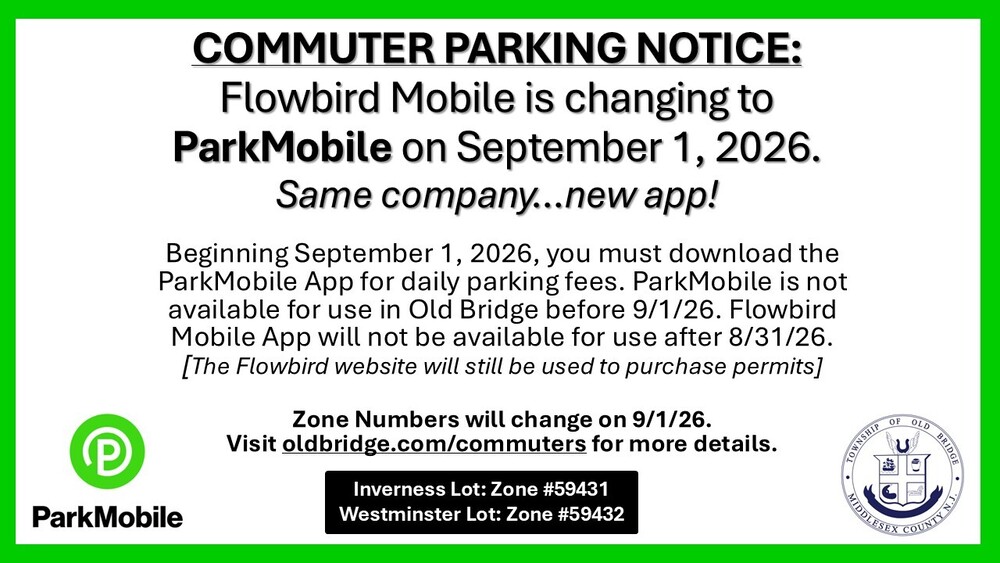 Commuter Parking Notice: Beginning Tuesday, 9/1/26, commuters must download the ParkMobile App to pay the daily fee at the Westminster & Inverness parking lots.