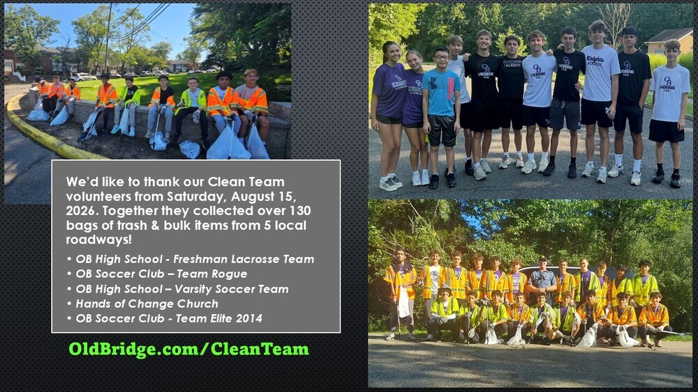 We'd like to thank our Clean Team volunteers from Saturday, August 15, 2026. Together they collected over 130 bags of trash and bulk items from 5 local roadways. OB HS Freshmen Lacrosse Team, OB Soccer Club Team Rogue, OB HS Varsity Soccer Team, Hands of Change Church, OB Soccer Club Team Elite 2014