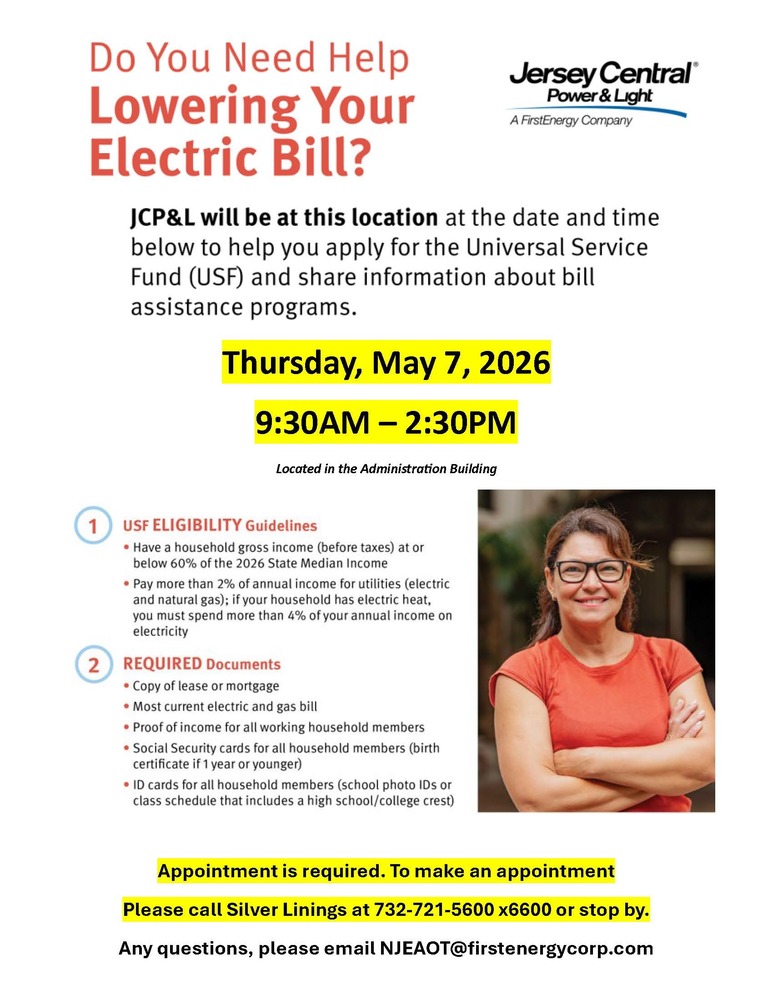 flyer for JCP&L Info Session about Lowering your Electric Bill on May 7 2026, Appointment is Required