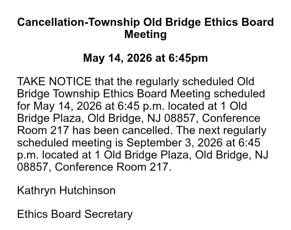 Image of letter that says the May 14,2026 Ethics Board Meeting is canceled