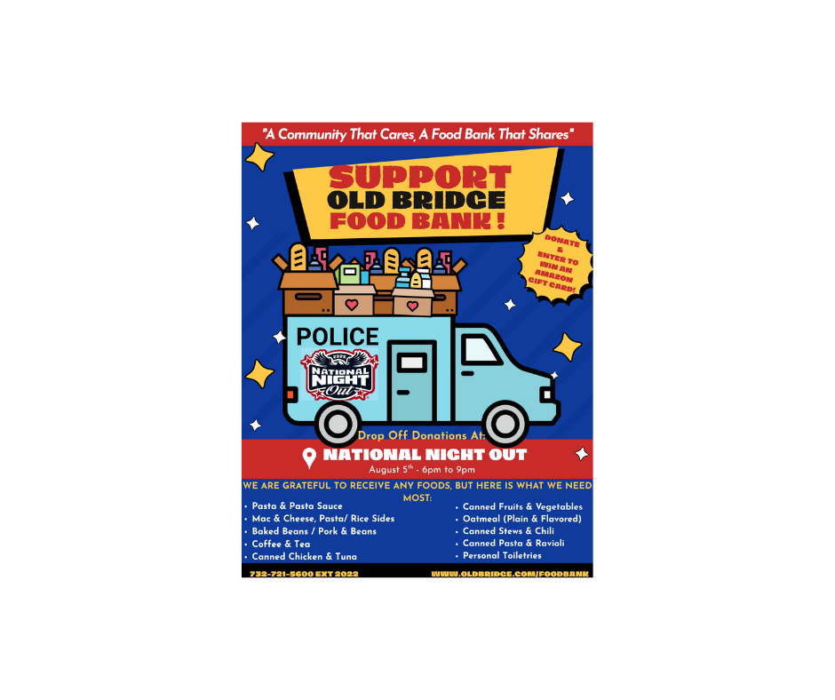 image of a cartoon police truck with food boxes on top announcing the food bank will accept donations during national night out