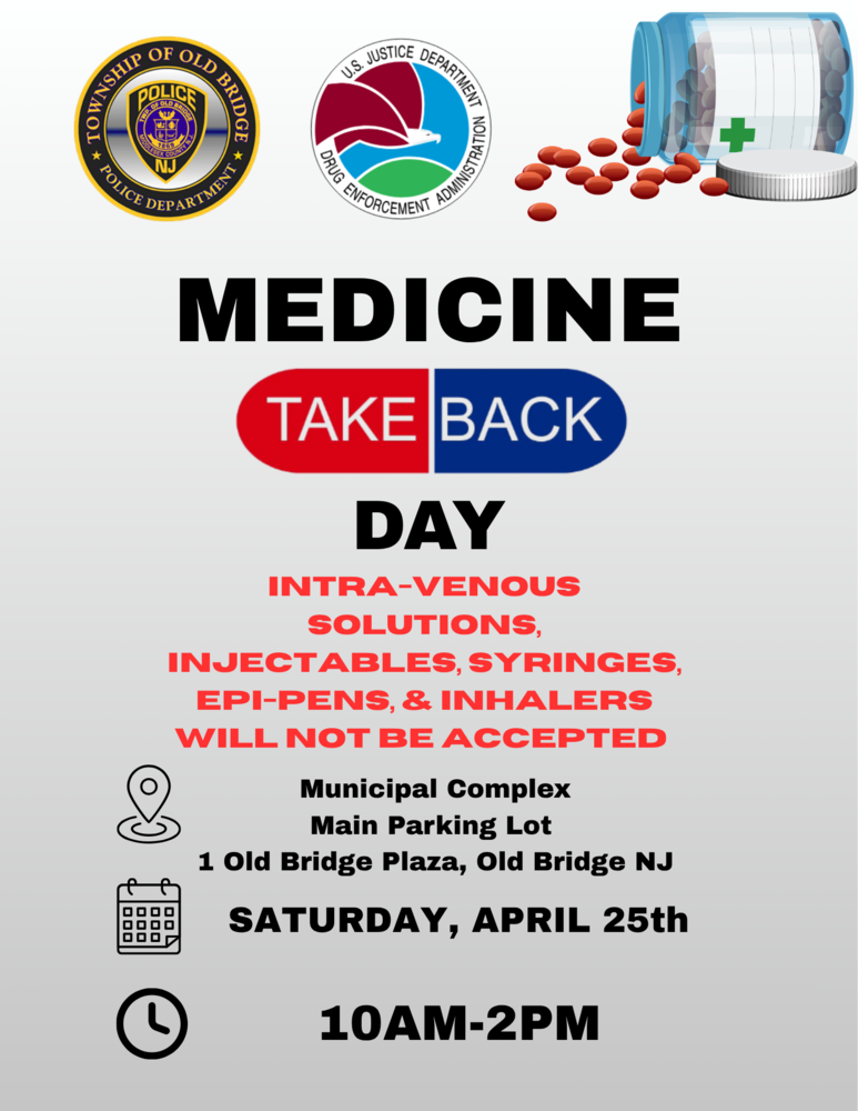 flyer that says medicine take back day on April 25, 2026.  Items listed in red will not be accepted