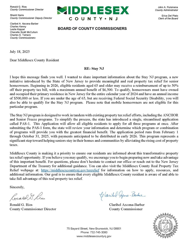 A message from the Board of County Commissioners regarding the Stay NJ Program