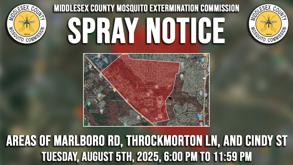 Weather conditions permitting, the Middlesex County Mosquito Extermination Commission will be conducting a truck ULV spray mission for nuisance adult mosquitoes and/or vector control.Weather conditions permitting, the Middlesex County Mosquito Extermination Commission will be conducting a truck ULV spray mission for nuisance adult mosquitoes and/or vector control.