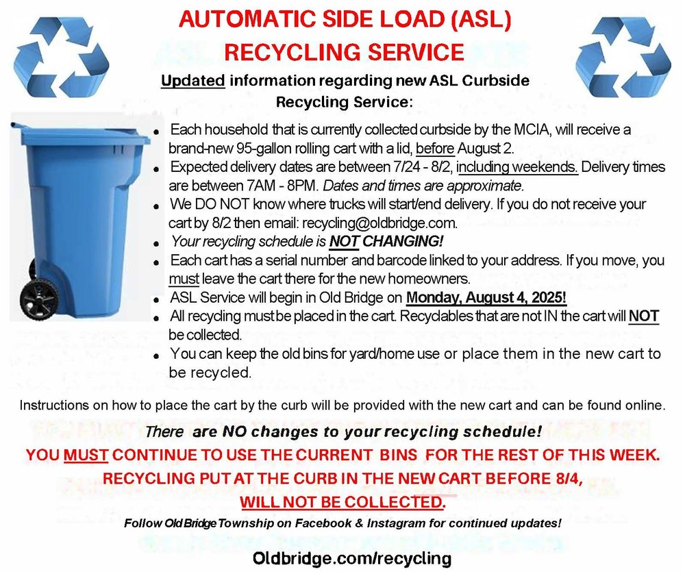 Recycling cart delivery begins TODAY and will continue through 8/2/25. Delivery times are Monday through Saturday from 7AM - 8PM, and sometimes later. The Township does not know the truck routes, please be patient.