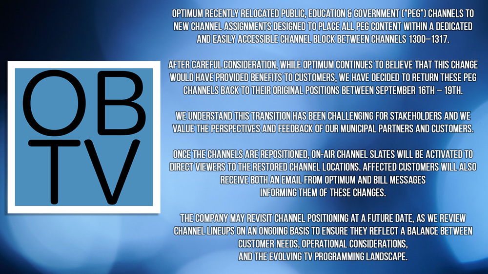 Old Bridge Television on Altice/Optimum Cable Services will return to Channel 15 between September 16th – 19th