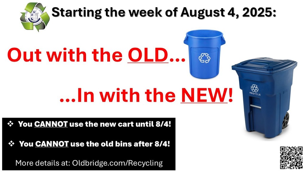 Attention residents: This is the FINAL recycling week to use your old bins! Even if your new cart gets delivered this week, you CANNOT use it until 8/4. ASL service begins the week of 8/4. More details at: oldbridge.com/recycling