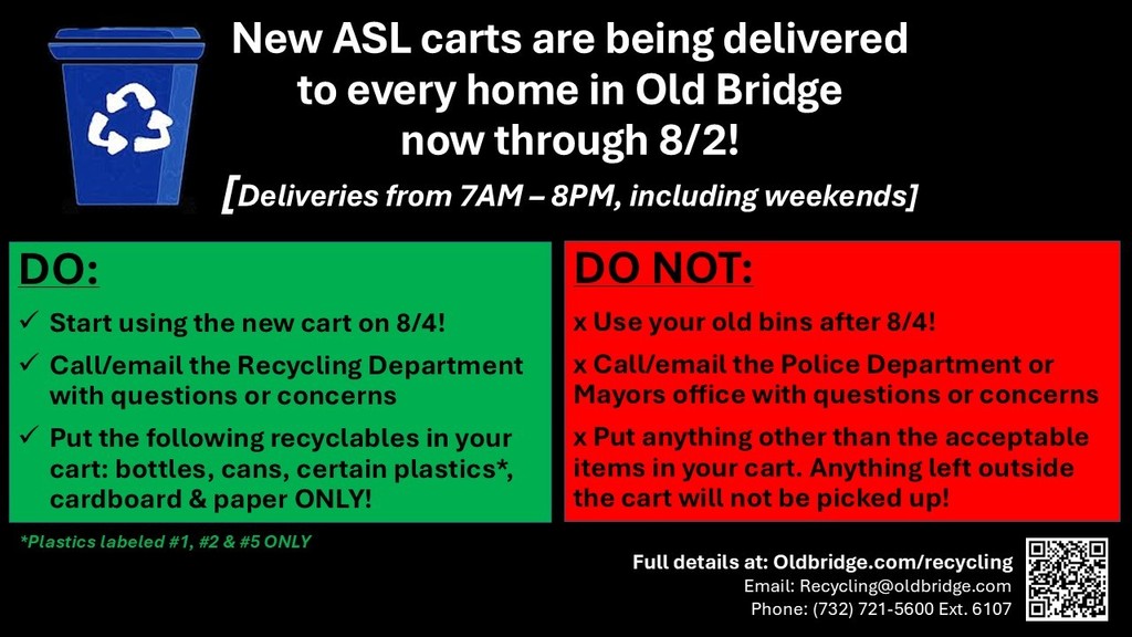 Recycling carts are being delivered now through Sunday in Old Bridge Township. There are multiple trucks in multiple wards. Please be patient.  If your cart is not delivered by Sunday evening, simply email your address to: recycling@oldbridge.com.