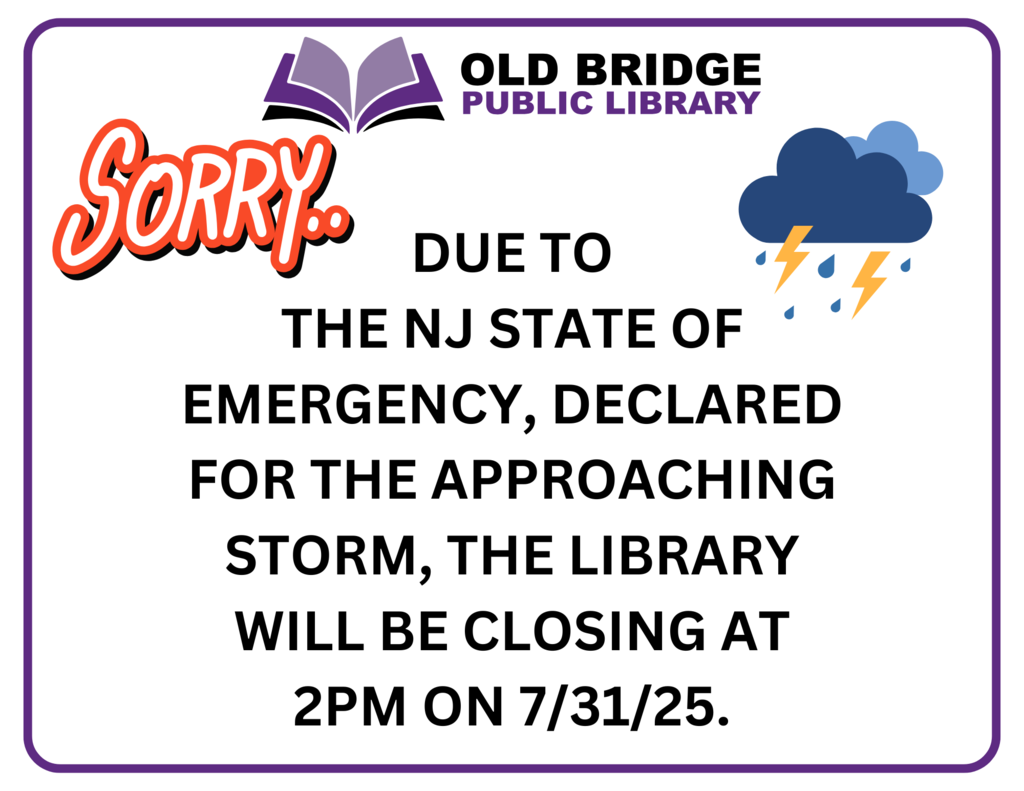 Image of cartoon storm clouds announcing library closing at 2pm on 7/31/25