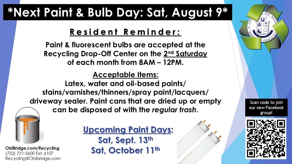 Tomorrow, 8/9, is paint and bulb day at the Recycling Center from 8AM – 12PM