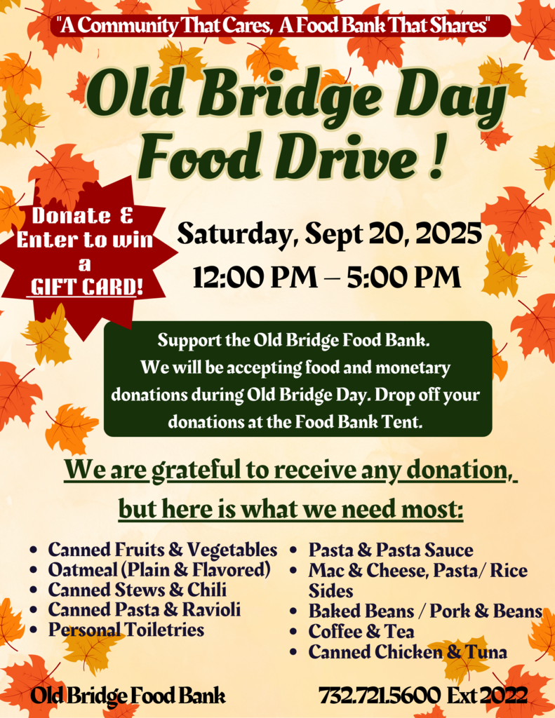 flyer with fall leaves announcing the Food Bank will accept food and monetary donations during Old Bridge Day