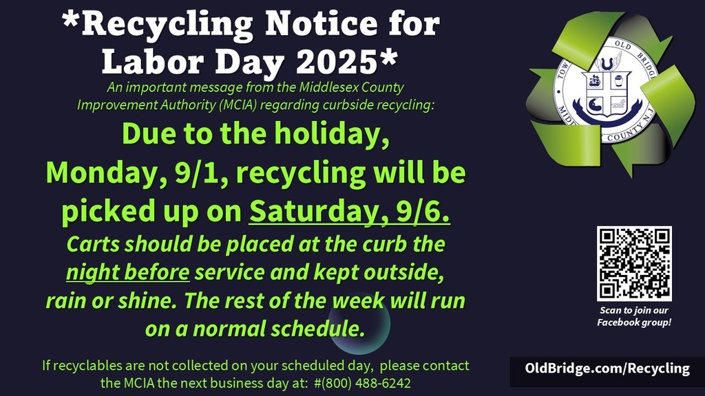 Recycling Notice from the MCIA: Labor Day recycling will be picked up on Saturday, Sept. 6th. Only the Monday route will be affected by the holiday. The rest of the week will run on a normal schedule.
