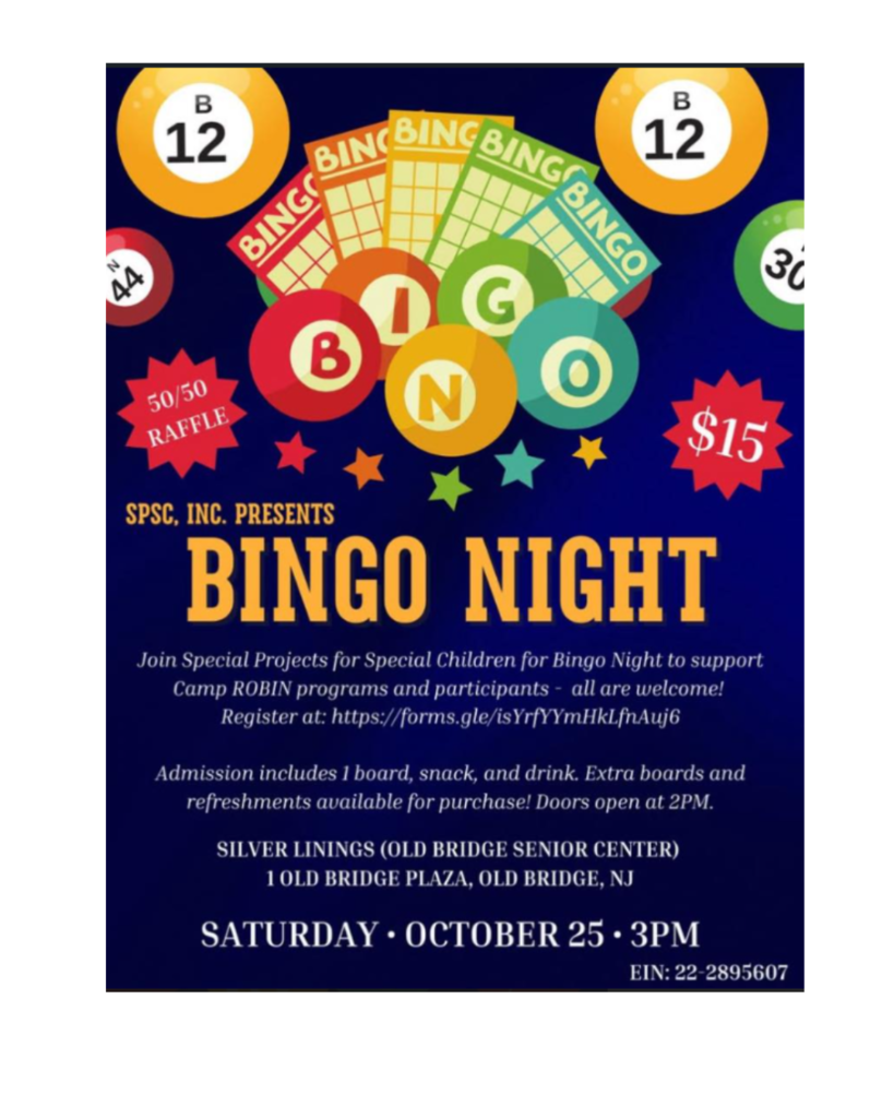 flyer with images of bingo cards announcing bingo night to benefit Camp Robin on Oct 25 at 3pm