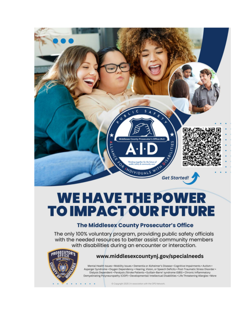 flyer for the Middlesex County Prosecutor's Office A.I.D. enrollment program for community members with disabilities