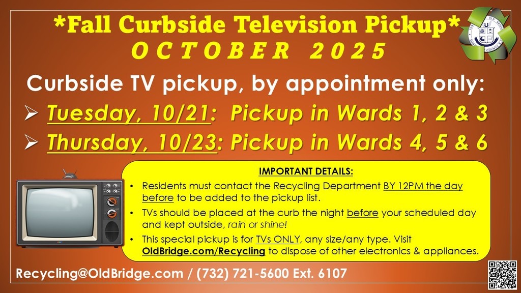 Wards 1, 2 & 3 residents: You must email us by 12pm TODAY if you'd like to be on Tuesday’s pickup list.     Wards 4, 5 & 6 residents: You must email us by 12pm on Wednesday if you'd like to be on Thursday’s pickup list.     Have a good week, Old Bridge! 😎