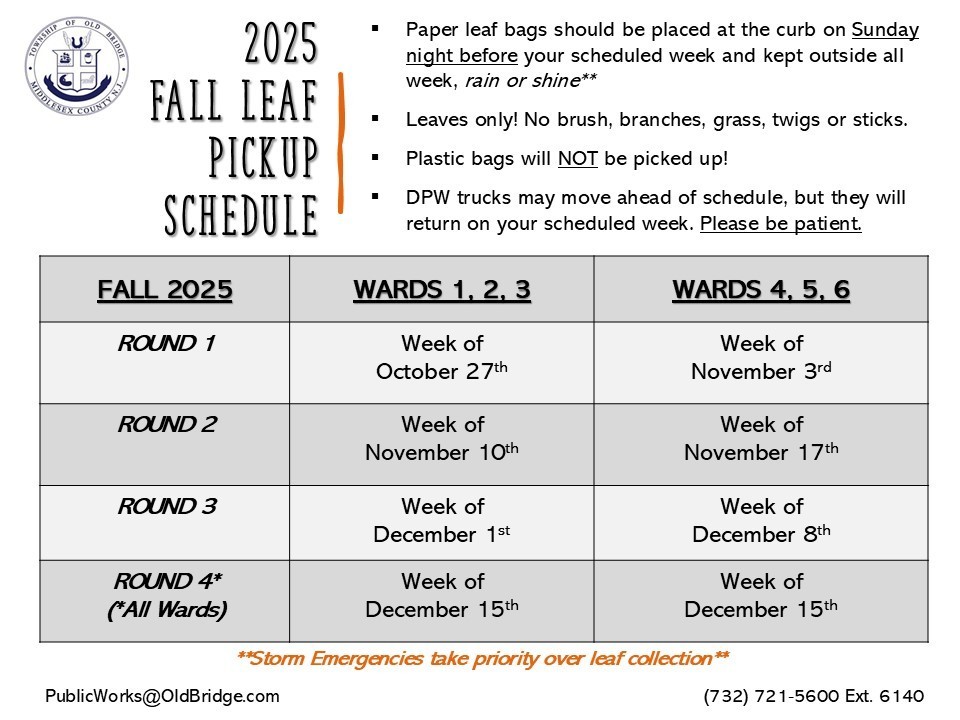 Fall leaf pickup begins next week in Wards 1, 2 & 3. Paper leaf bags should be placed at the curb on Sunday evening and kept outside all week.