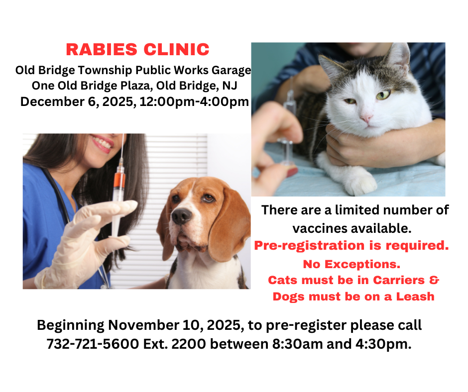The township will host a free rabies clinic at the Old Bridge Township Public Works Garage, 1 Old Bridge Plaza, on December 6th, 2025 from 12PM to 4PM. Pre-registration is required. To register, please call (732) 721-5600 ext 2200.