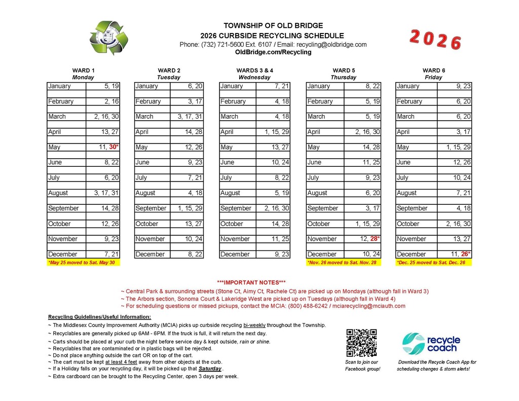  The 2026 curbside recycling schedule can be found at Oldbridge.com/recycling