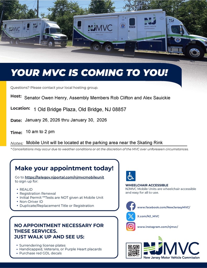 Your MVC is coming to you! At 1 Old Bridge Plaza from January 26th thru January 30th, from 10AM to 2PM. Make your appointment today at telegov.njportal.com/njmvcmobileunit