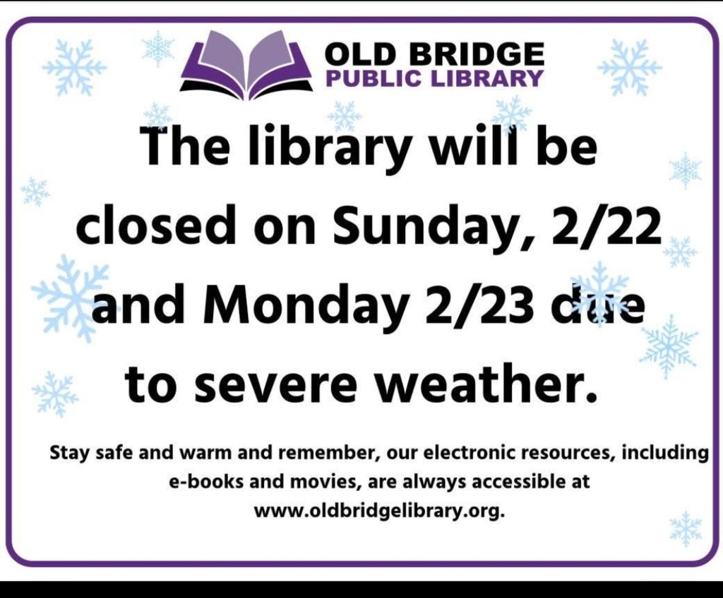 Flyer says the library will be closed on February 22 and 23, 2026 due to severe weather.